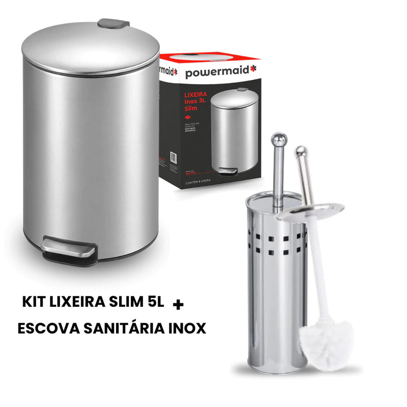 Kit Lixeira Escovado Inox Slim 3L + Escova Inox Sanitária