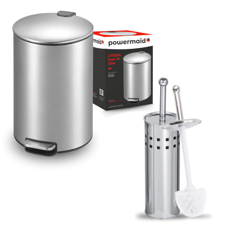 Kit Lixeira Escovado Inox Slim 3L + Escova Inox Sanitária